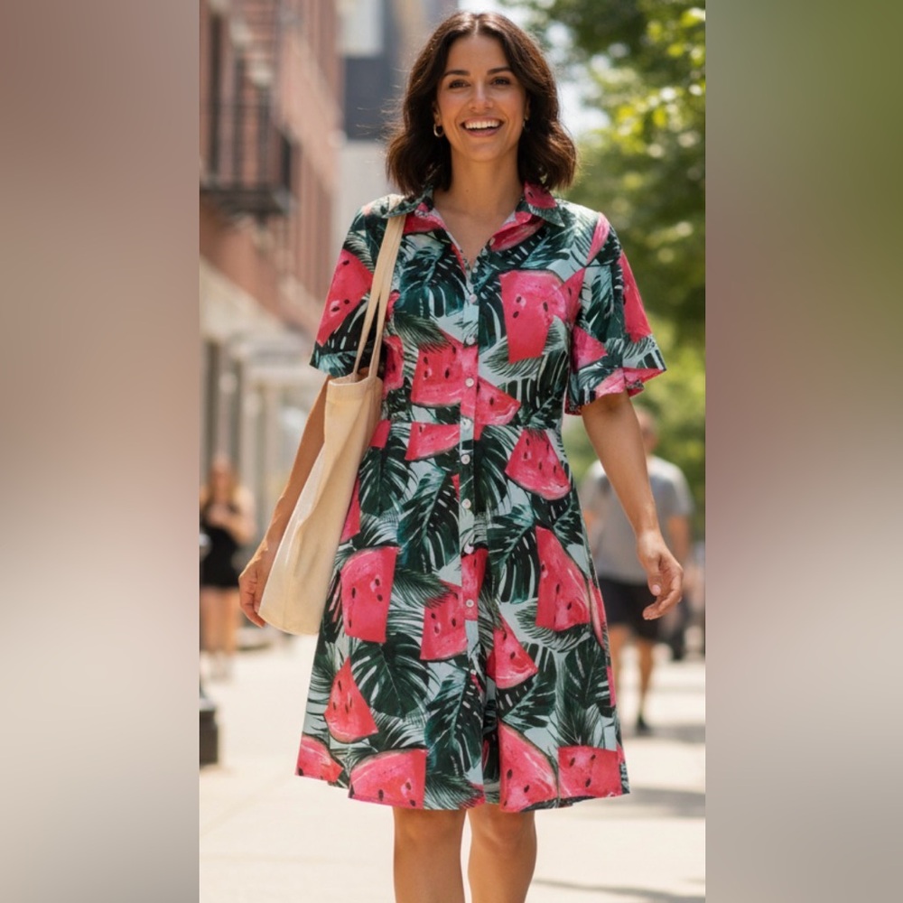 Lorraine Australia Dress Womens 12 Pink Tropical Watermelon Print Midi Shift New